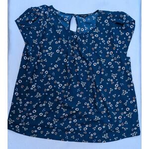 Paper Moon‎ Womens Floral Short Sleeve Blouse Sz 2X Keyhole Blue Whimsical